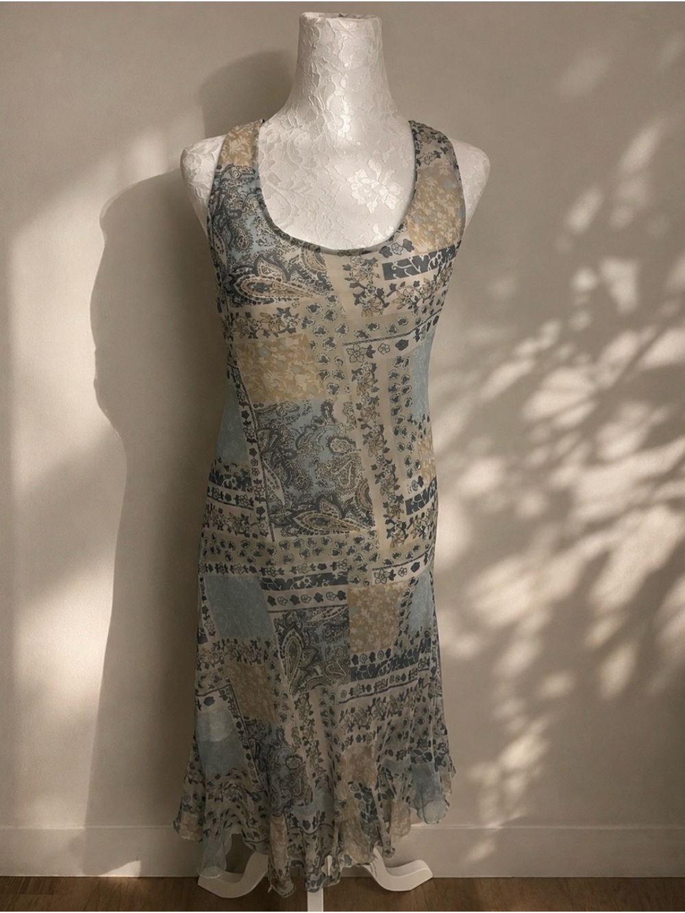 Patchwork Midi Dress in Blue and Beige